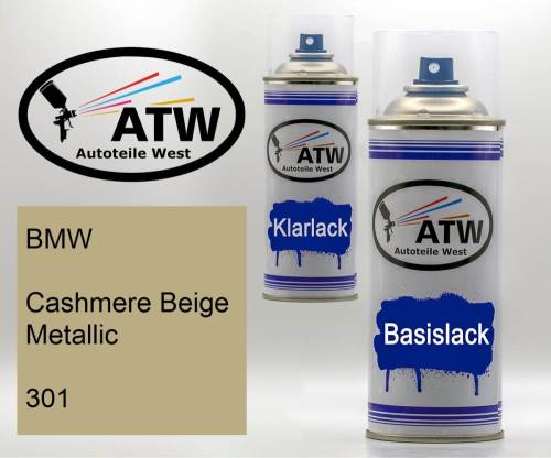 BMW, Cashmere Beige Metallic, 301: 400ml Sprühdose + 400ml Klarlack - Set, von ATW Autoteile West.